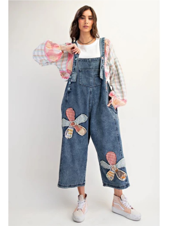 Easel Los Angeles Denim - New:Easel Mixed Patchwork Flower Appliqué Boho Wide Leg Denim Jumper Overalls• M